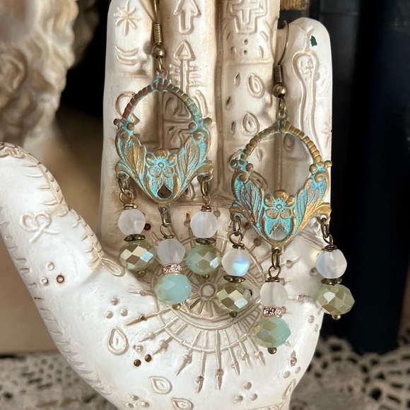 Art Nouveau Style Verdigris Earrings Czech Glass Drops - Picture 3 of 15